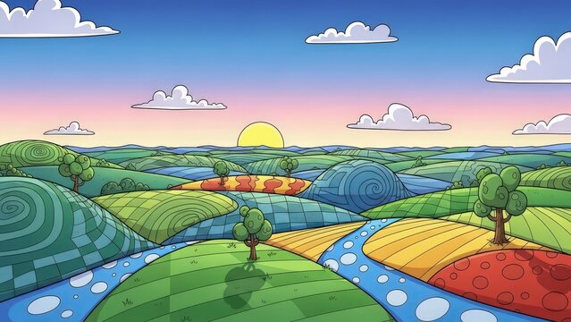 Whimsical cartoon landscape with patterned rolling hills, a winding blue river, and stylized trees under a bright yellow sun and blue sky