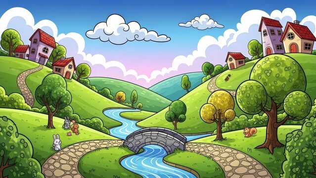 Whimsical cartoon village landscape with rolling green hills, a stone bridge over a blue river, small houses, trees, and cute animals in nature