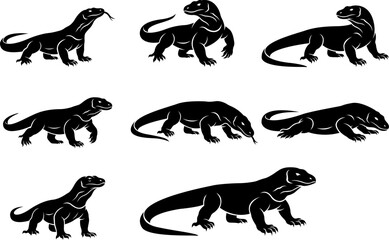 Obraz premium Collection of striking Komodo dragon silhouettes in various poses, isolated vector illustrations on white background