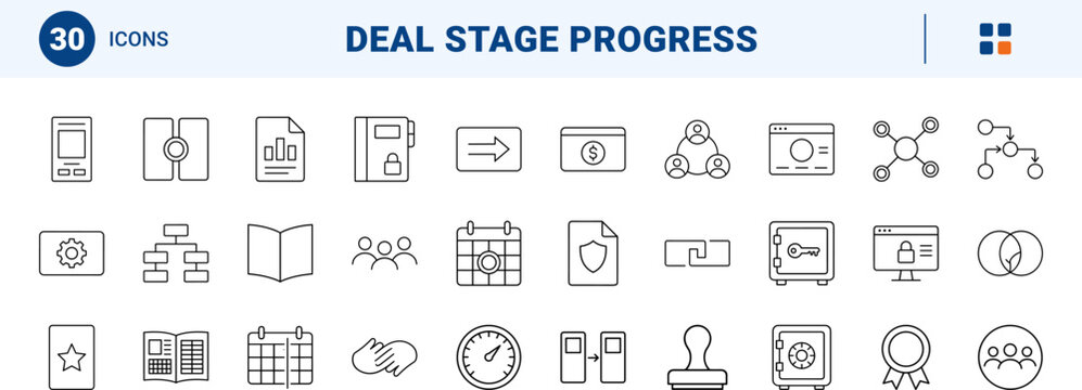 B2b sales process line icon set. Vector pictograms of deal, stage, checklist, and pipeline elements, thin linear illustration.