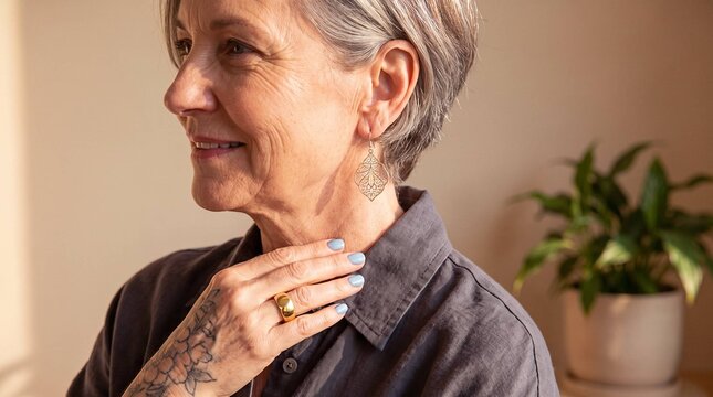 Close-up portrait of smiling mature woman wearing filigree earring and tattoo