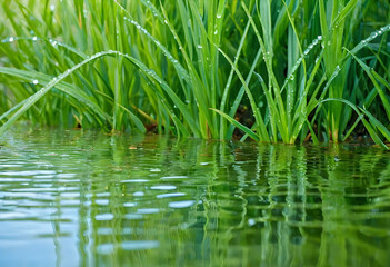 Fototapeta premium Environmental conservation and natures beauty, fresh green grass with water drops reflecting in calm water, natural ecosystem