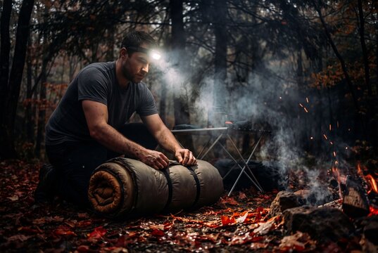Man preparing a sleeping bag beside a forest campfire