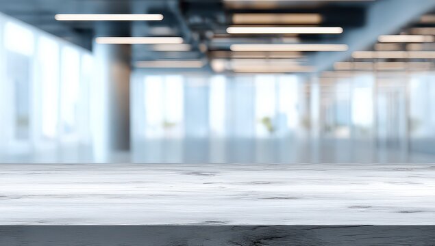 Out of focus modern office interior with bright windows and contemporary lights showcasing a blurred empty white table in the foreground perfect for product placement and design mockups
