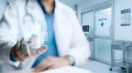 Fototapeta premium Doctor in Hospital Using Digital Medical Interface with Cross Symbol for Healthcare, Emergency Care, and Modern Medical Technology