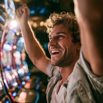 Young man with curly hair celebrates a win at a slot machine in a vibrant casino, colorful lights and other gaming machines visible in the background