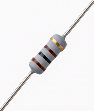 Through-Hole Electronic Resistor Component with Color Code Bands Isolated on White Background