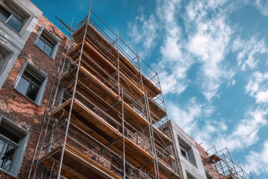 Red brick apartment building under construction with extensive scaffolding against a bright blue cloudy sky exterior view