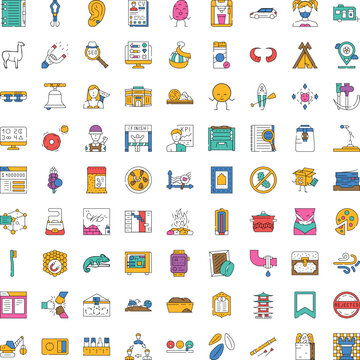 Set of vector linear style icons depicting various business concepts, technology elements, finance symbols, and lifestyle objects, perfect for web, apps, or infographics