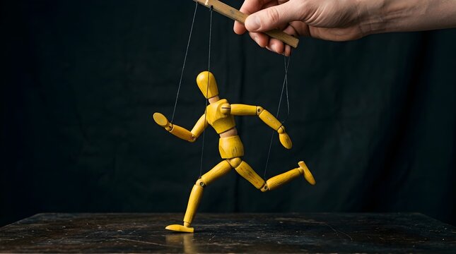 Puppet Strings A Hand Controls a Wooden Figure in a Dynamic Running Pose, Illustrating Control and Manipulation