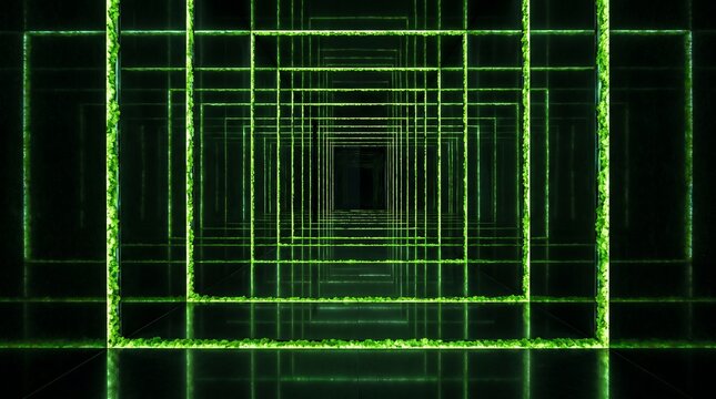 Abstract futuristic corridor with glowing green frames creating an endless tunnel effect, resembling a digital pathway or a mystical portal, perfect for tech backgrounds
