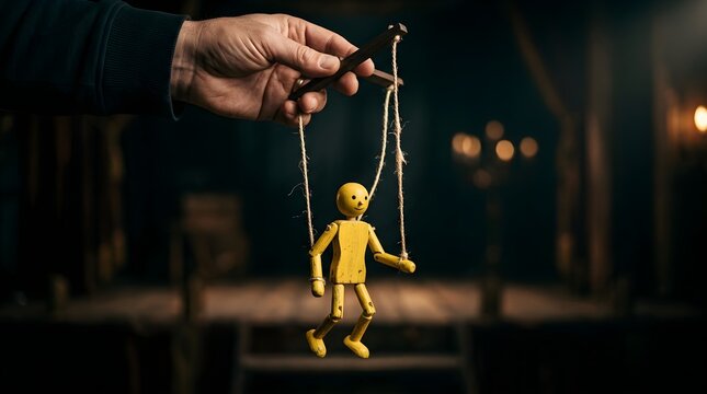 Hand manipulating a yellow wooden marionette puppet on strings on a theater stage