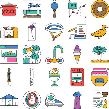 Set of vector linear icons presenting a wide range of subjects including technology, food, finance, nature, real estate, and daily objects, creating a comprehensive overview of modern themes