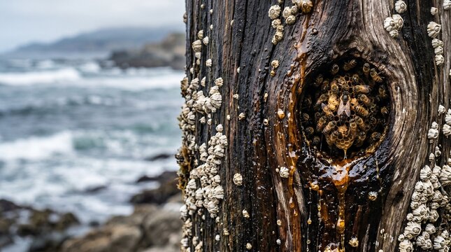 Driftwood Tree Stump with Barnacles Ocean Background Eroded Wood