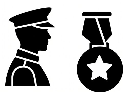 Military soldier silhouette with honor medal, veteran service icon in black and white, army officer profile with star award