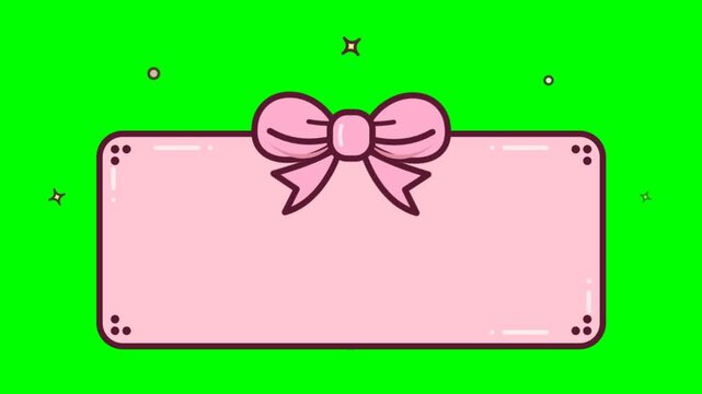 Animated pink rectangle label with decorative bow ribbon on bright green screen background