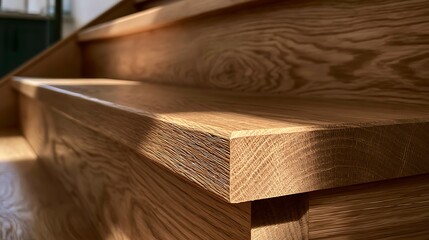Fototapeta premium Close up view of natural wooden staircase steps in modern house.