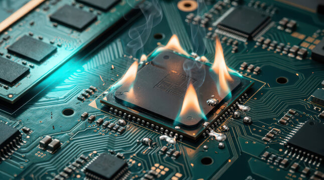 Motherboard computer chip overheating with visible flames and smoke rising from generated using ai