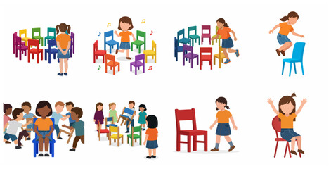 Fototapeta premium Children playing musical chairs game set with diverse kids in various stages of the activity