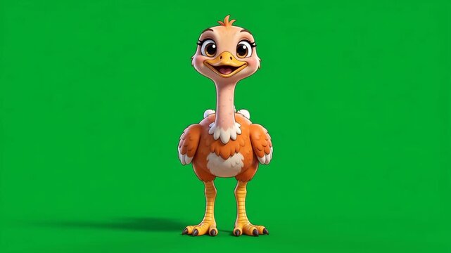 Cute cartoon ostrich character standing on a green screen background, perfect for animation and children's content.