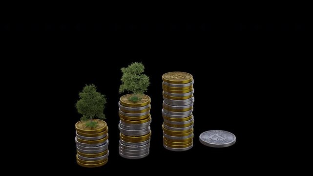 4K 3D animation of gold and silver coin stacks growing step by step with green trees on top on solid black background, concept for ESG green finance, sustainable investment and business financial grow