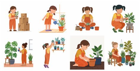 Fototapeta premium Set of Flat Vector Illustrations Featuring a Little Girl Caring for Houseplants through Activities like Watering, Planting, and Pruning