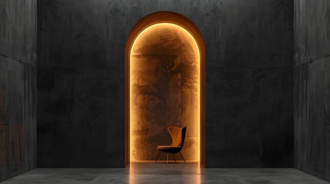Vertical Dark Concrete Archway Background with Warm LED Light for Chair Mockup