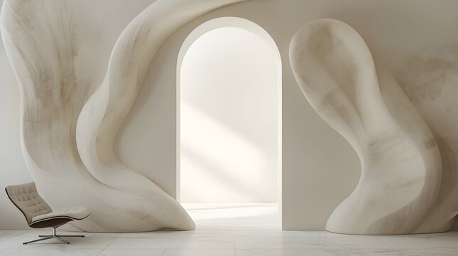 Vertical Ivory Plaster Archway Background with White Marble Floor for Chair Mockup