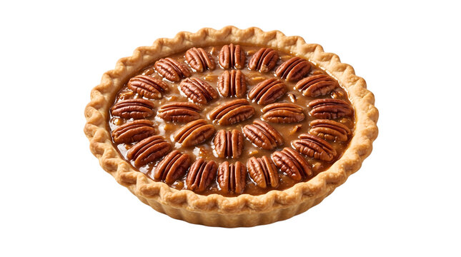 Delicious pecan pie with whole pecans arranged on top isolated on transparent background