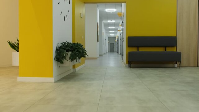 Modern elegant hallway combines comfortable seating areas and contemporary patient rooms. Decorative clock mounted on wall. Slow motion