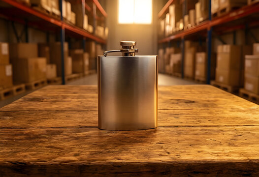Alcoholism and workplace stress, hip flask on a wooden table in a dimly lit warehouse environment