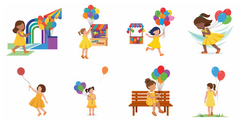 Fototapeta premium Collection of cute little girls in yellow dresses playing with colorful balloons at the park and market