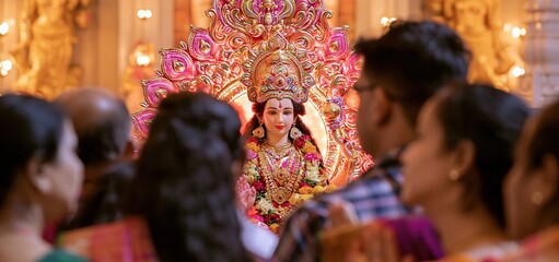 Fototapeta premium Hindu deity statue illuminated gently inside a temple, surrounded by worshippers in colorful traditional dress.