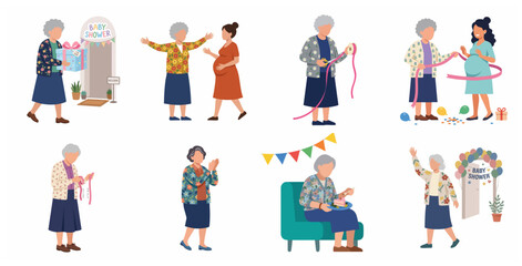 Fototapeta premium Grandmother and pregnant woman celebrating baby shower party vector illustration set