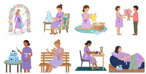 Fototapeta premium Set of pregnant women celebrating baby shower party, flat vector illustrations of maternity and motherhood activities