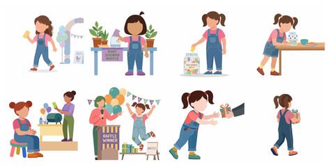 Fototapeta premium Baby Shower Raffle Activities and Girl Winner Characters Flat Vector Illustration Set