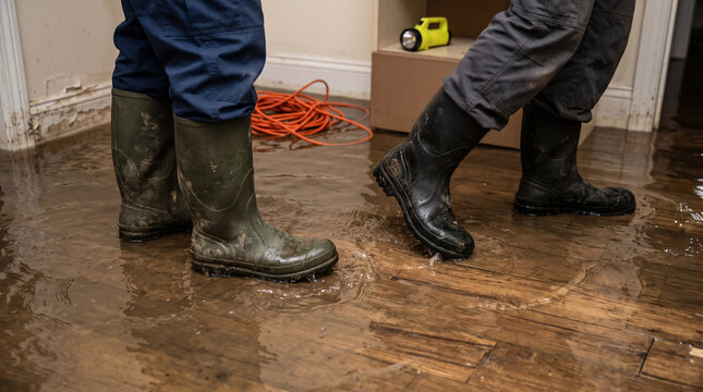 Extreme close-up of feet wearing waterproof rubber boots standing on a flooded room floor, water damage, home flood disaster and emergency response concept