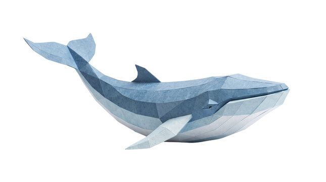 Low poly blue whale papercraft model, geometric origami sea animal on white background, 3D paper sculpture of a marine mammal