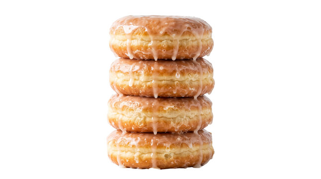 Glazed donuts stack on white background, four sweet sugar doughnuts with dripping icing, golden fried pastry dessert