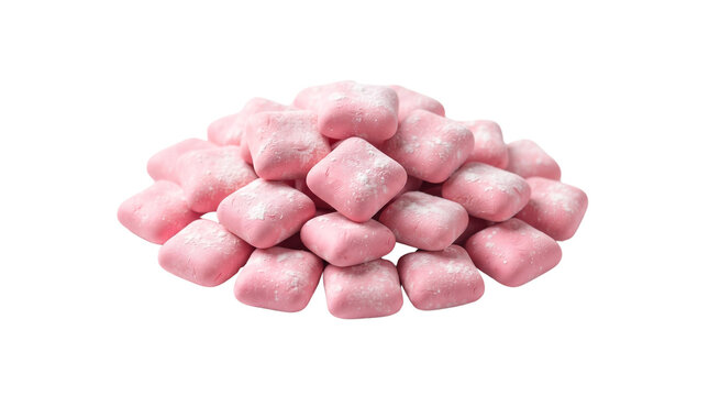 Pink chewing gum pellets pile, square bubble gum pieces with sugar coating, sweet confectionery candy on white background