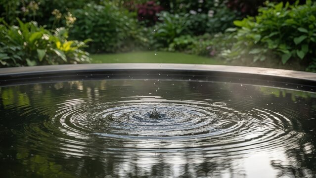 A single water droplet falling into a dark circular garden pond creating concentric ripples on the smooth surface of the water