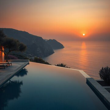 An infinity pool overlooks a calm sea and coastal mountains at sunset, with warm orange light painting the sky and water.