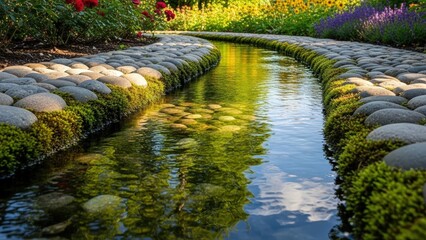 Naklejka premium A winding garden stream is lined with smooth grey river stones and vibrant green moss, surrounded by colorful flowers under bright sunlight