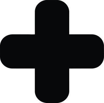 Minimalist black plus sign icon with rounded edges isolated on a solid white background with minimalist vector graphic, corners clean minimalist