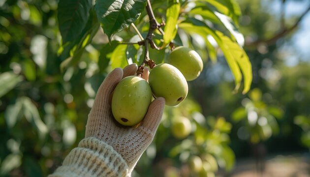 Picking Translucent Green Shleshmataka Plum Fruits from Branch