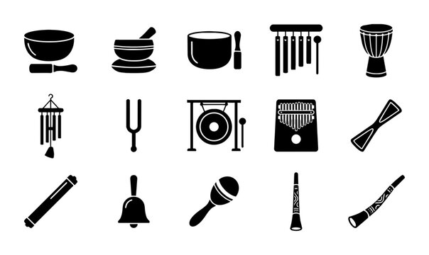 Diverse Musical Instruments Vector Icons Set, Percussion and Wind Instruments Collection, Sound and Audio Symbols for Music Education and Performance