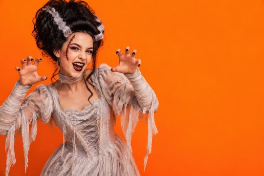 Woman dressed as bride with spooky makeup and tattered dress, Halloween orange background with copy space