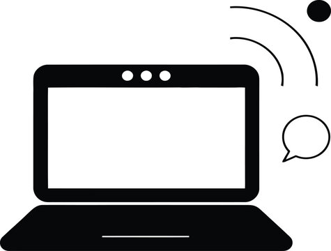 Minimalist digital communication concept with black white vector icon laptop computer paired wireless connectivity waves speech bubble graphic