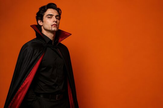 Man dressed as a vampire with blood dripping from his mouth against Halloween orange background with copy space