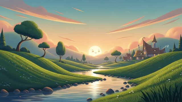 Enchanted valley landscape with rolling green hills, winding river, small village, trees, and sunset sky with soft clouds and golden light